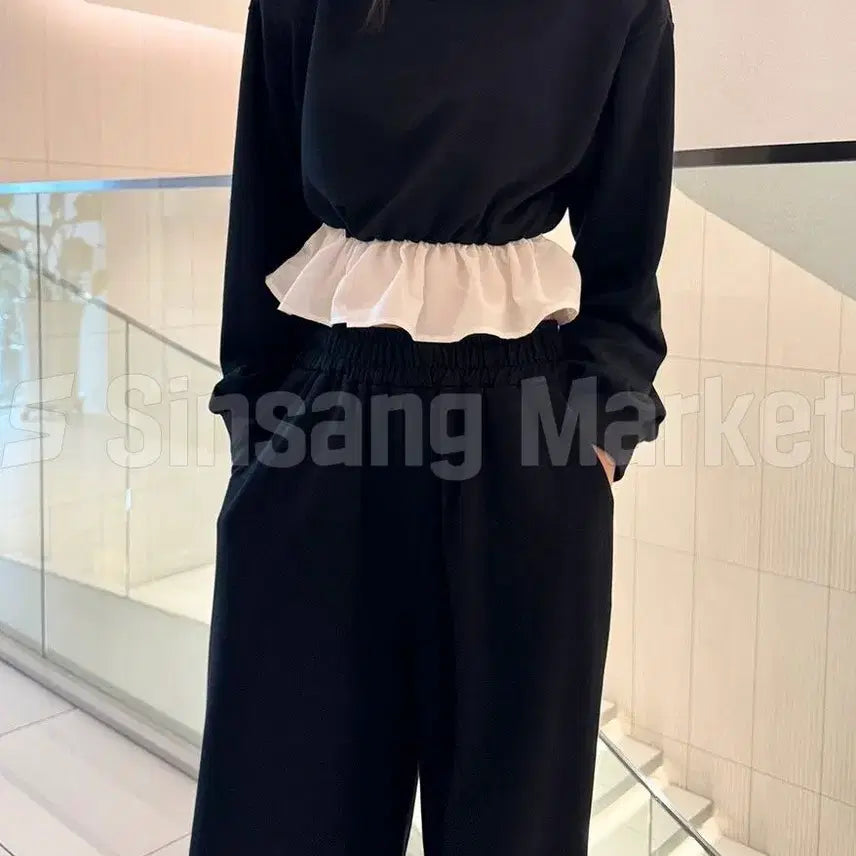 [BUNJANG] Tulip Set Sweatshirt Frill Pants Wide Long Crop Color Block Banding Tee / [빠른발송] 튤립 세트 맨투맨 프릴 팬츠 와이드 롱 크롭 배색 밴딩 티