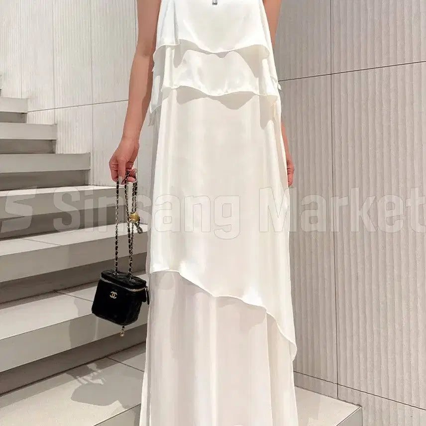 [BUNJANG] Hikari Satin Frill Spaghetti Strap Bustier Maxi Dress / [빠른발송] 히카리 원피스 국내 롱 샤틴 프릴 캉캉 끈 나시 뷔스티에 레