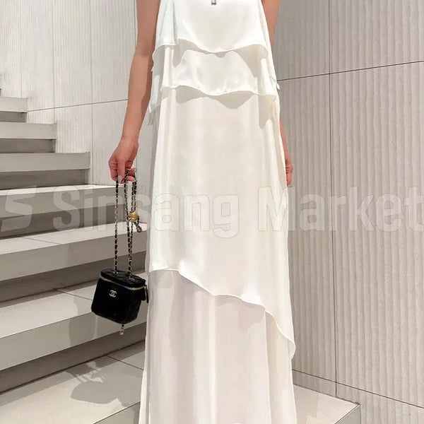 [BUNJANG] Hikari Satin Frill Spaghetti Strap Bustier Maxi Dress / [빠른발송] 히카리 원피스 국내 롱 샤틴 프릴 캉캉 끈 나시 뷔스티에 레