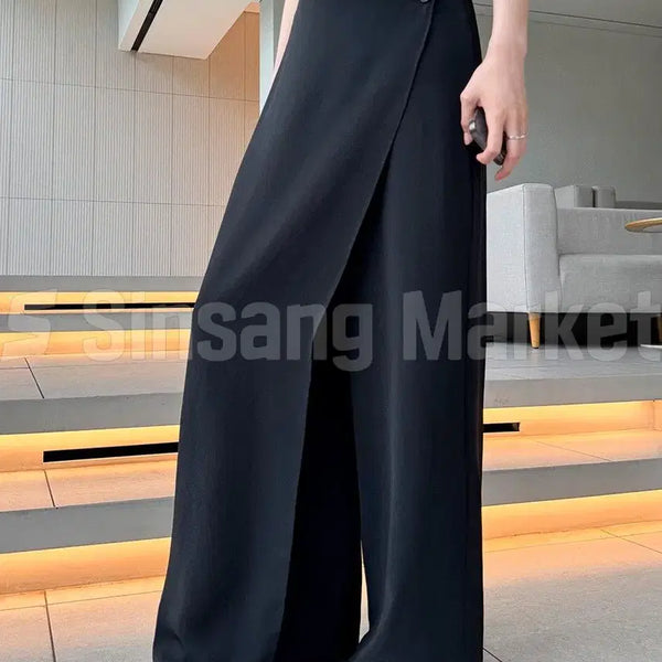 [BUNJANG] Unique Layered Wrap Skirt Pants - Black / [빠른발송] 랩 치마 바지 국내 롱 와이드 버튼 언발 유니크 가을 레이어