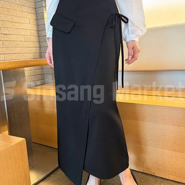 [BUNJANG] Dilly Lab Ribbon Detail Asymmetrical Hem Zip-Up Long Skirt / [빠른발송] 딜리 랩 스커트 롱 뒷트임 끈 리본 언발 집업 베이직 모던