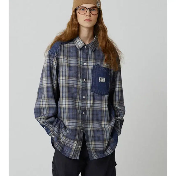 [BUNJANG] Mcwoodgun Labor Denim Patchwork Oversized Dusty Blue Check Shirt / 맥우드건 레이버 데님 패치워크 오버핏 더스티블루 체크 셔츠 M