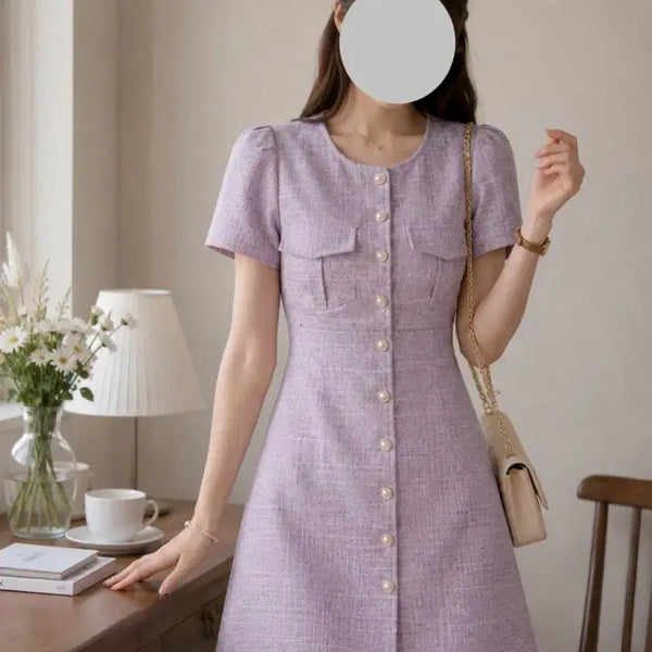[BUNJANG] Tweed Short-Sleeve Mini Dress - Lavender/Pink with Pearl Buttons / 55size. 연보라 핑크 트위드 반팔 미니 원피스 | 진주버튼 포켓 슬림핏
