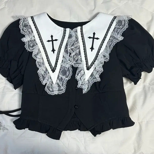 [BUNJANG] Mars Cross Embroidery Short-Sleeve Setup Black / 마즈 mars 크로스 자수 반팔 셋업 블랙