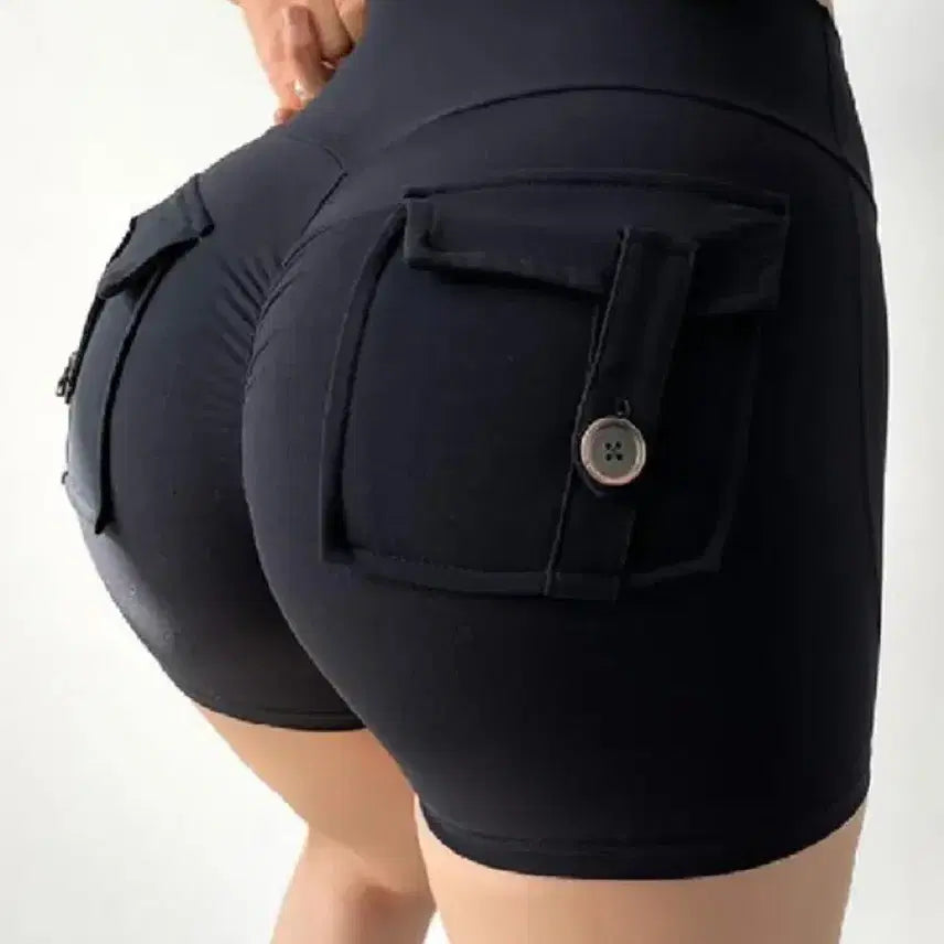 [BUNJANG] Cargo Shirring Hip-Up 3-Inch Shorts Leggings (Black) / 카고 셔링 힙업 3부 쇼츠 레깅스 블랙 M & L