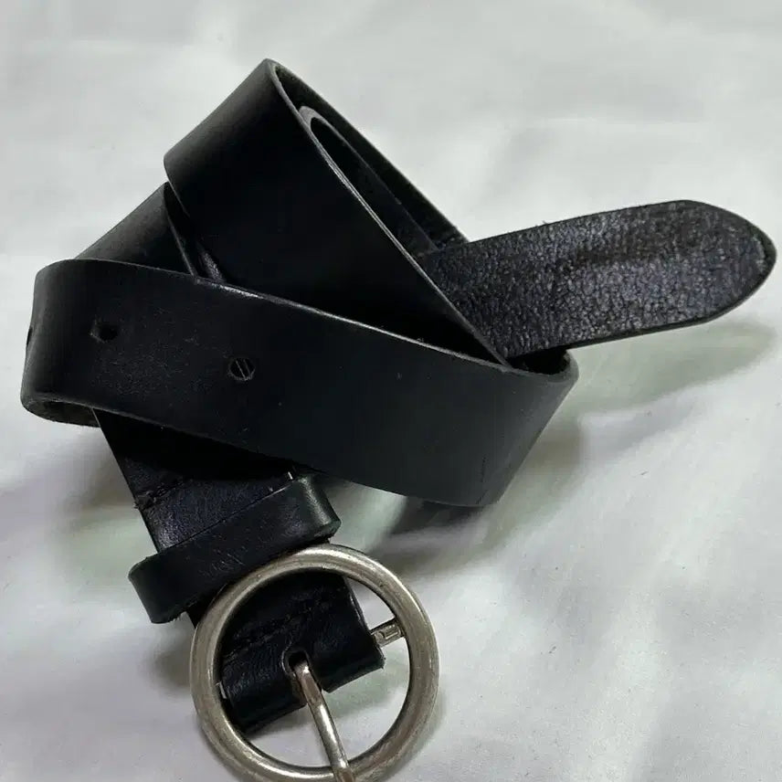[BUNJANG] Vintage Black Round Buckle Leather Belt (32-inch) / 빈티지 블랙 라운드 버클 가죽 벨트 32인치