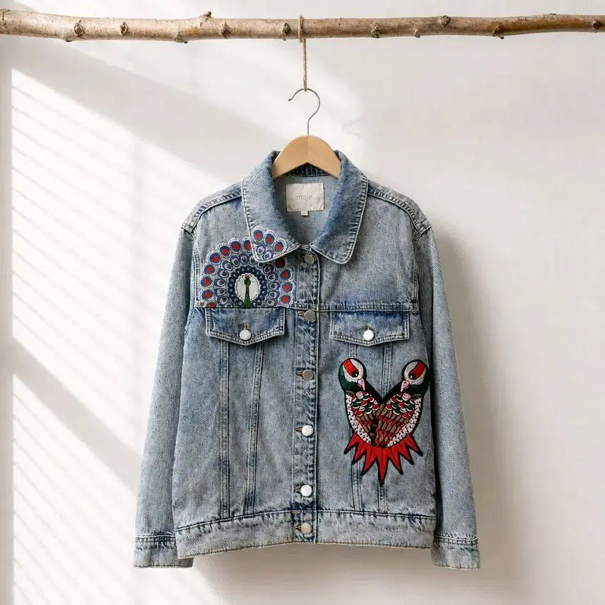 [BUNJANG] Maje Peacock Embroidered Patch Oversized Washed Denim Jacket / 마쥬(Maje) 피콕 자수 패치 오버핏 워싱 데님 재킷 40사이즈