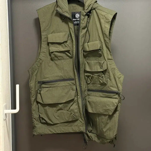 [BUNJANG] Kalapataar Multi-Pocket Nylon Hooded Vest Khaki / 칼라파타르 멀티포켓 나일론 후드 베스트 카키