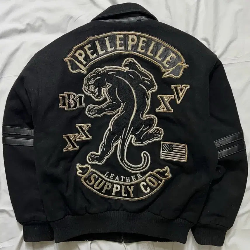 [BUNJANG] Pelle Pelle Leopard Leather Varsity Jacket / 펠레펠레 표범 가죽 바시티자켓