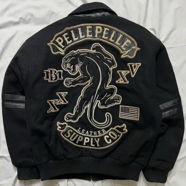 [BUNJANG] Pelle Pelle Leopard Leather Varsity Jacket / 펠레펠레 표범 가죽 바시티자켓