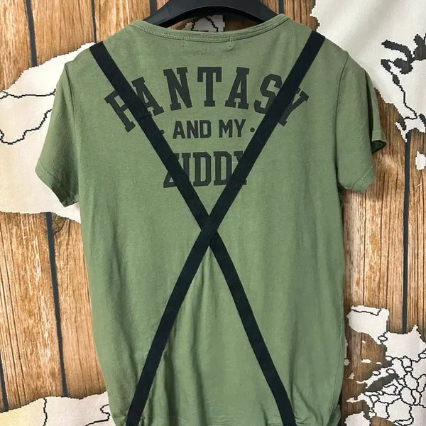 [BUNJANG] ZIDDY Japan Graphic Short Sleeve T-Shirt - Khaki, Size M / ZIDDY 일본판 서스펜더 스트랩 카키 그래픽 반팔티 M