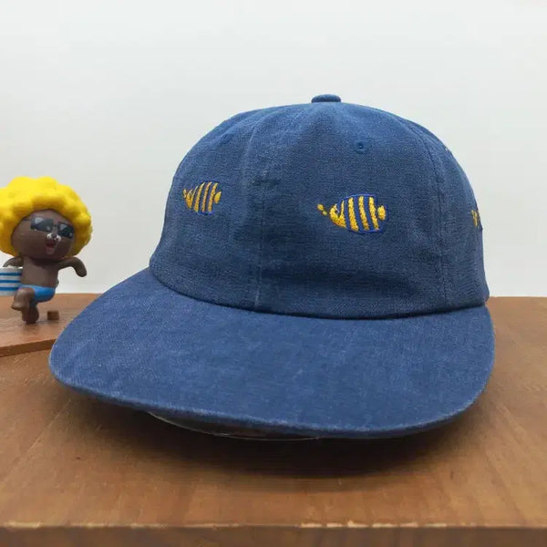 [BUNJANG] I DO NOTHING INC Fishing Vintage Garment Washed Cap Navy / 아이두낫띵 INC 피싱 빈티지 가먼트 워싱 물고기 자수 모자 볼캡 네이비