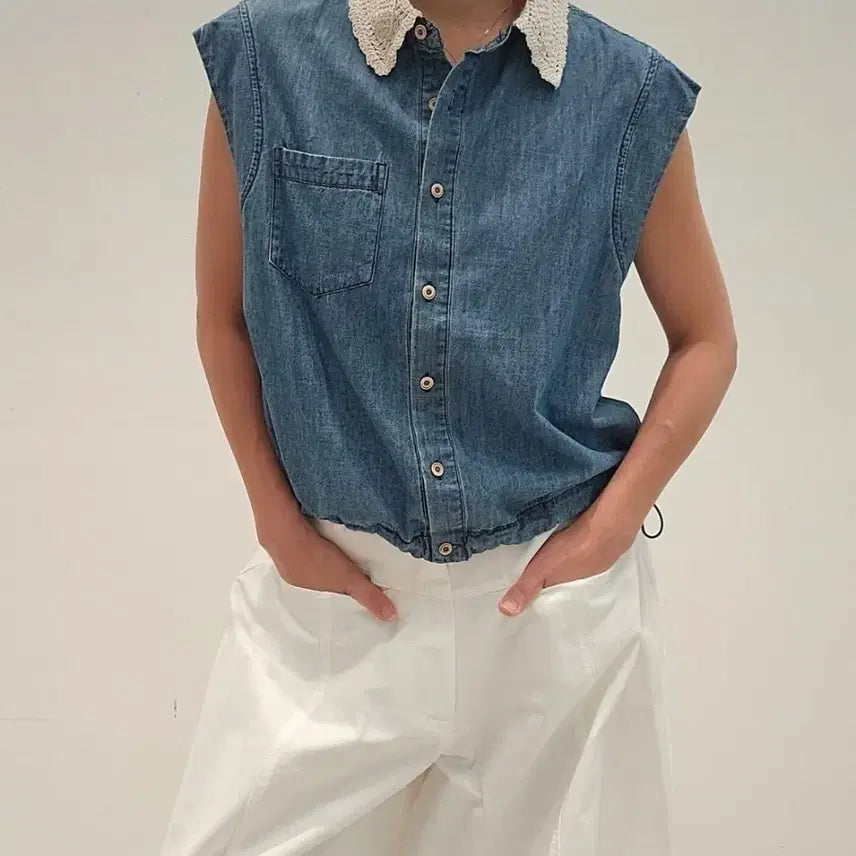 [BUNJANG] Denim Sleeveless Shirt with Knit Collar / 데님 민소매 셔츠 니트 카라