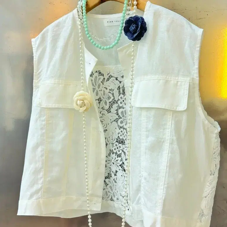 [BUNJANG] Pinel Et Flamboyer Lace Linen Vest / 핀율 레이스 린넨조끼