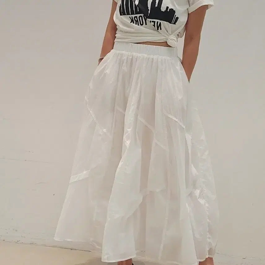 [BUNJANG] White Crinkled Long Skirt / 바스락 화이트롱 스커트