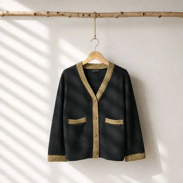 [BUNJANG] TIME Metallic Color Block V-Neck Cardigan (Size F) / 한섬 TIME 타임 2021골드 메탈릭 배색 블랙 브이넥 가디건  F사이즈