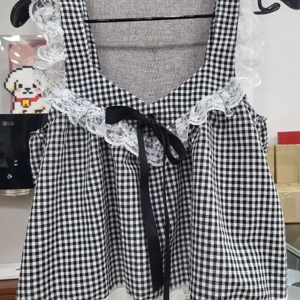 [BUNJANG] Checkered Lace Frill Camisole / 체크무늬 레이스 프릴 나시