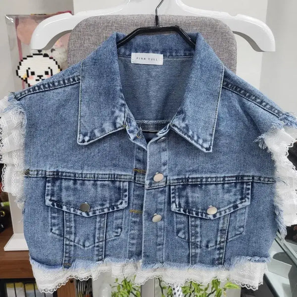 [BUNJANG] Pinkyul Denim Vest with Lace Trim / 핑크율 청 조끼 레이스 장식