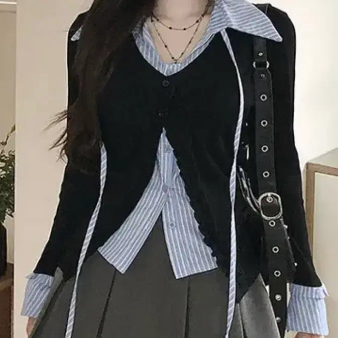 [BUNJANG] Stripe Shirt Layered Black Cardigan Set / 스트라이프 셔츠 레이어드 블랙 가디건