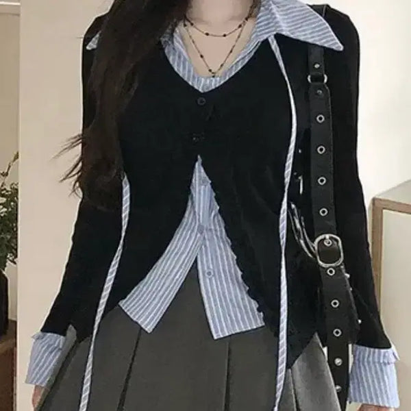 [BUNJANG] Stripe Shirt Layered Black Cardigan Set / 스트라이프 셔츠 레이어드 블랙 가디건