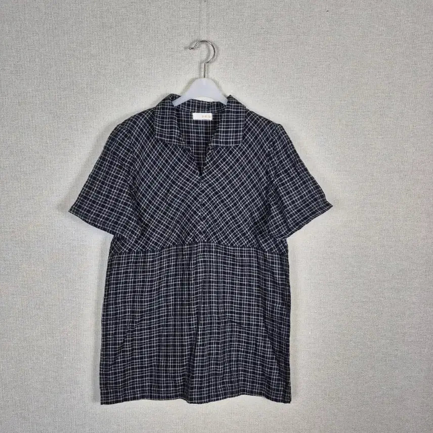 [BUNJANG] 100% Cotton Zip-Up Collar Check Short Sleeve Blouse / (#55,66추천)면100% 체크 집업카라 반팔 블라우스