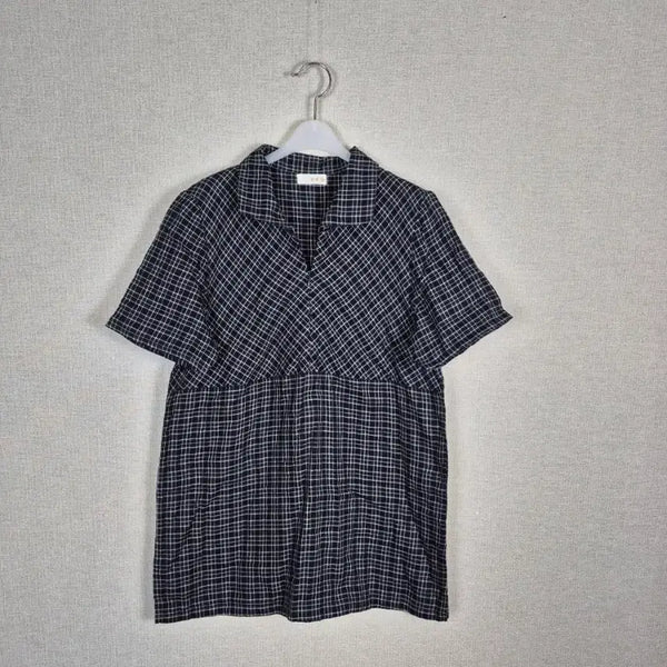 [BUNJANG] 100% Cotton Zip-Up Collar Check Short Sleeve Blouse / (#55,66추천)면100% 체크 집업카라 반팔 블라우스