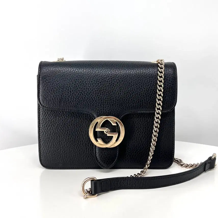 [BUNJANG] Gucci Interlocking Chain Crossbody Bag Black Leather / 구찌 인터로킹 체인 크로스백 블랙 (510304)