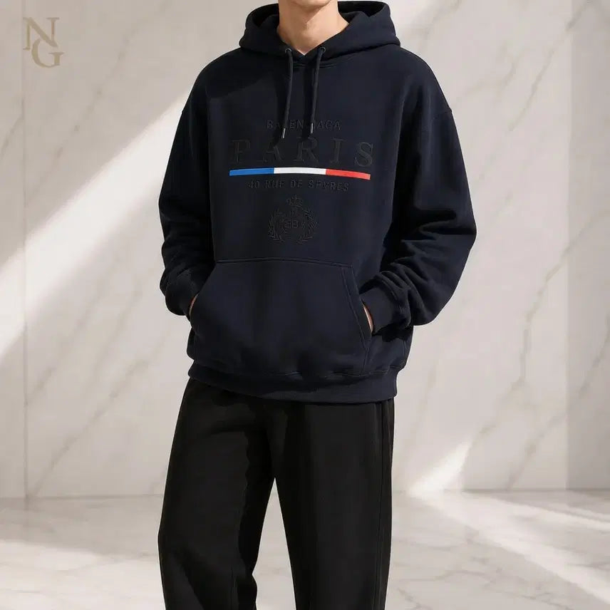 [BUNJANG] Balenciaga Paris Embroidered Logo Hoodie Navy M / [정품/당일출고] 발렌시아가 파리스 자수 로고 후드티 네이비 M / 100~105