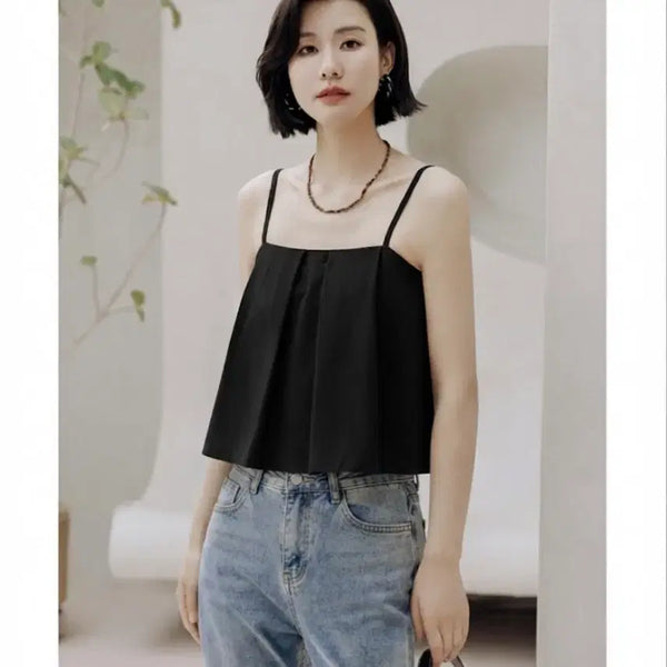 [BUNJANG] Black Pintuck Strap Tank Top / 블랙 핀턱 끈나시