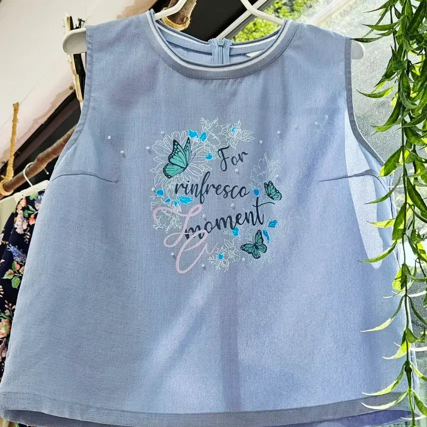 [BUNJANG] Zishen Sky Blue Butterfly & Flower Beaded Camisole / Zishen 하늘색 비즈 나시