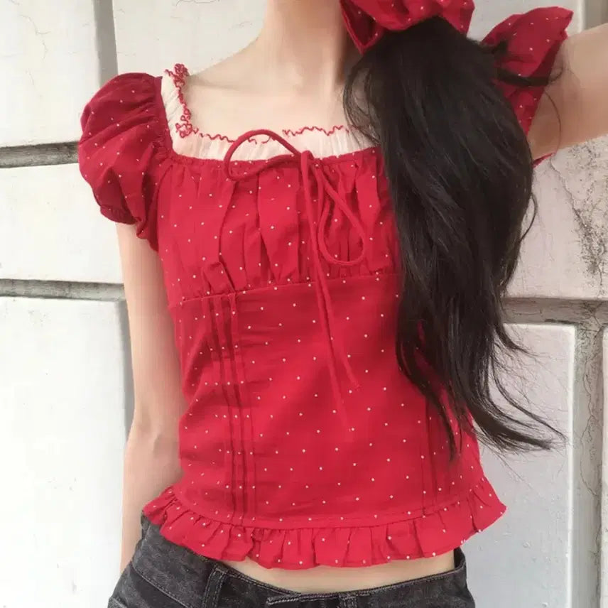 [BUNJANG] Red Dot Ribbon Lace Pintuck Frill Off-Shoulder Blouse with Back Banding / 에이블리 레드 도트 리본 레이스 핀턱 프릴 뒷밴딩 반팔 오프숄더 블라우스