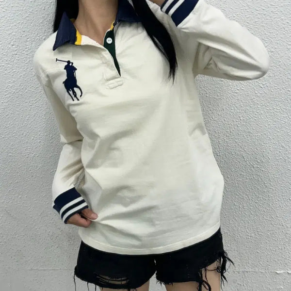 [BUNJANG] Polo Ralph Lauren Navy Big Pony Rugby Shirt / 폴로 랄프로렌 네이비 빅포니 아이보리 럭비티 L