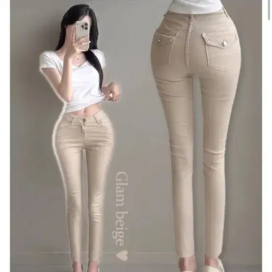 [BUNJANG] Glam Beige Skinny Pants with Built-in Hip Pad / 글램 베이지 스키니 팬츠 골판패드
