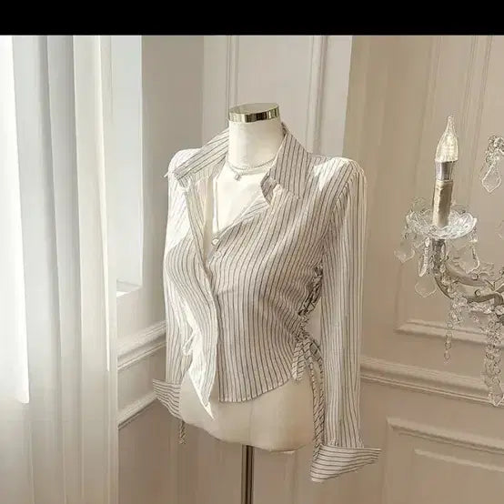 [BUNJANG] Striped Shirt Blouse with Adjustable String / 스트라이프 셔츠 블라우스