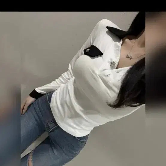 [BUNJANG] Color Block Long Sleeve Blouse / 카라 배색 긴팔 블라우스