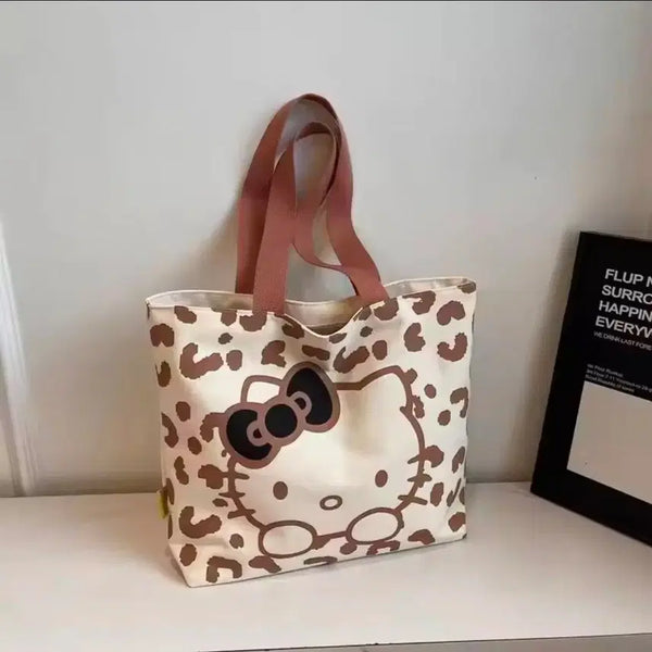 [BUNJANG] Sanrio Hello Kitty Leopard Print Canvas Eco Bag Tote Shoulder Bag / 수입 26 산리오 브라운 레오파드 호피 헬로키티 빅페이스 캔버스 에코백 토트 숄더백 가방