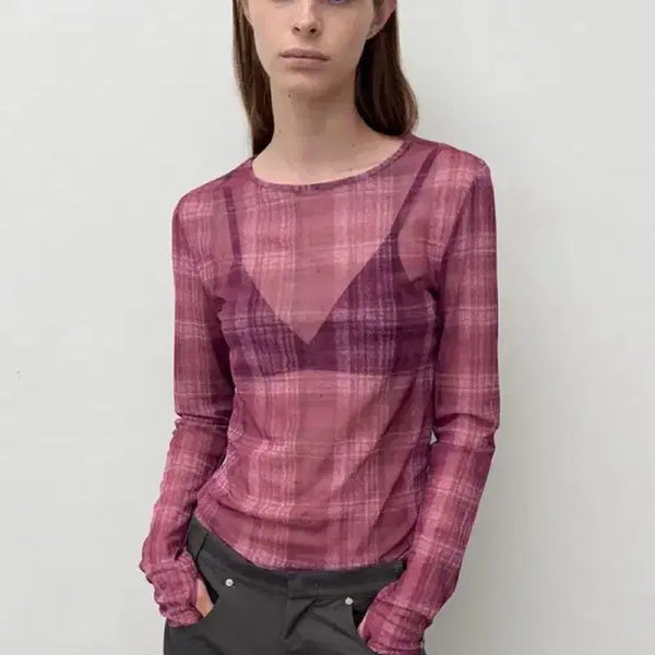 [BUNJANG] DIAGONAL Check See-through Long Sleeve T-Shirt - Burgundy / DIAGONAL 체크 시스루 긴팔 티셔츠 - 버건디