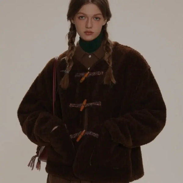 [BUNJANG] Moromoro Hon Button Brown Fur Jacket / 모로모로 혼 버튼 브라운 퍼 자켓