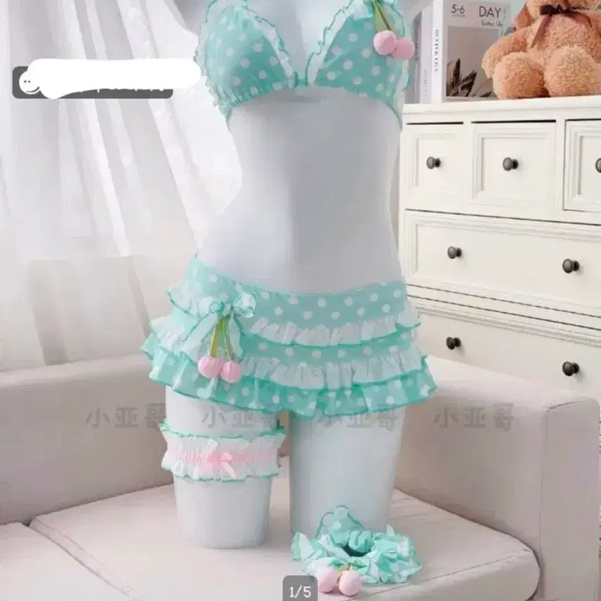 [BUNJANG] Polka Dot Mint Bikini with Cherry Charm / 도트 민트 비키니