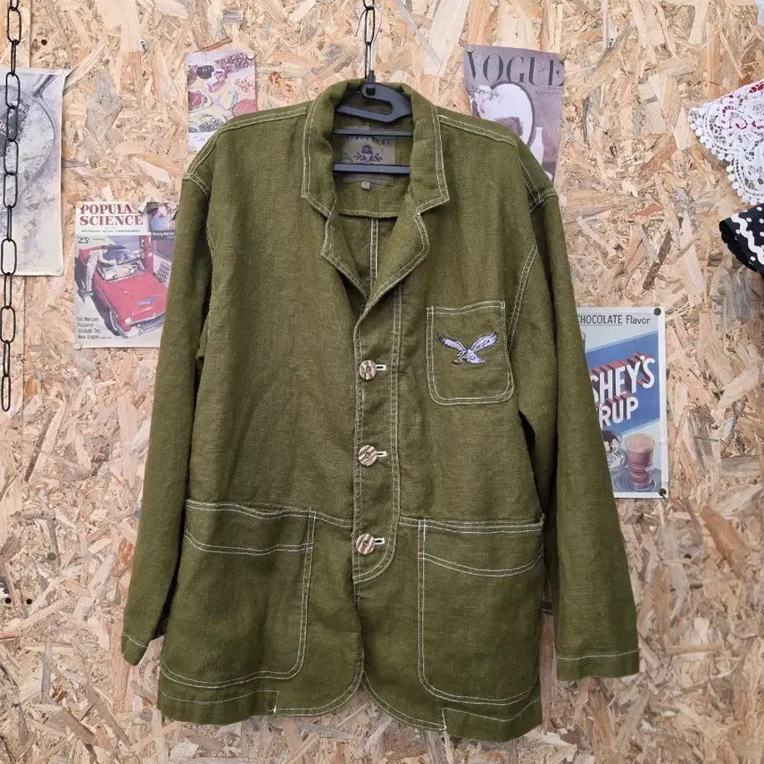 [BUNJANG] Men's Vintage Linen Eagle Embroidery Jacket L / 남성 빈티지 린넨 카키색 자수 자켓 L