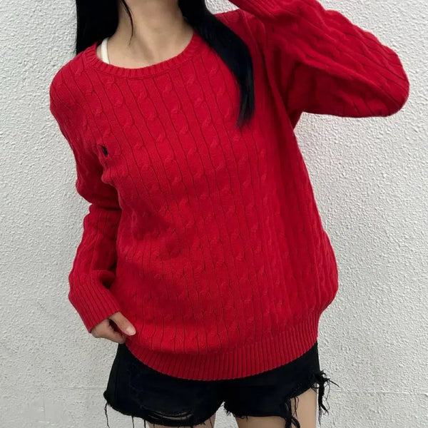 [BUNJANG] Polo Ralph Lauren Navy Pony Red Cable Knit Sweater L / 폴로 랄프로렌 네이비포니 레드 꽈배기 니트 L