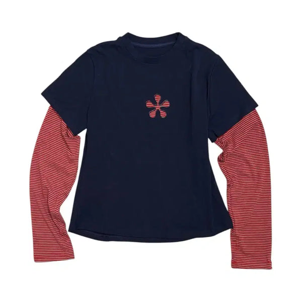 [BUNJANG] Navy Orange Flower Embroidered Layered Long Sleeve T-Shirt / 네이비 오렌지 플라워 레이어드 긴팔티