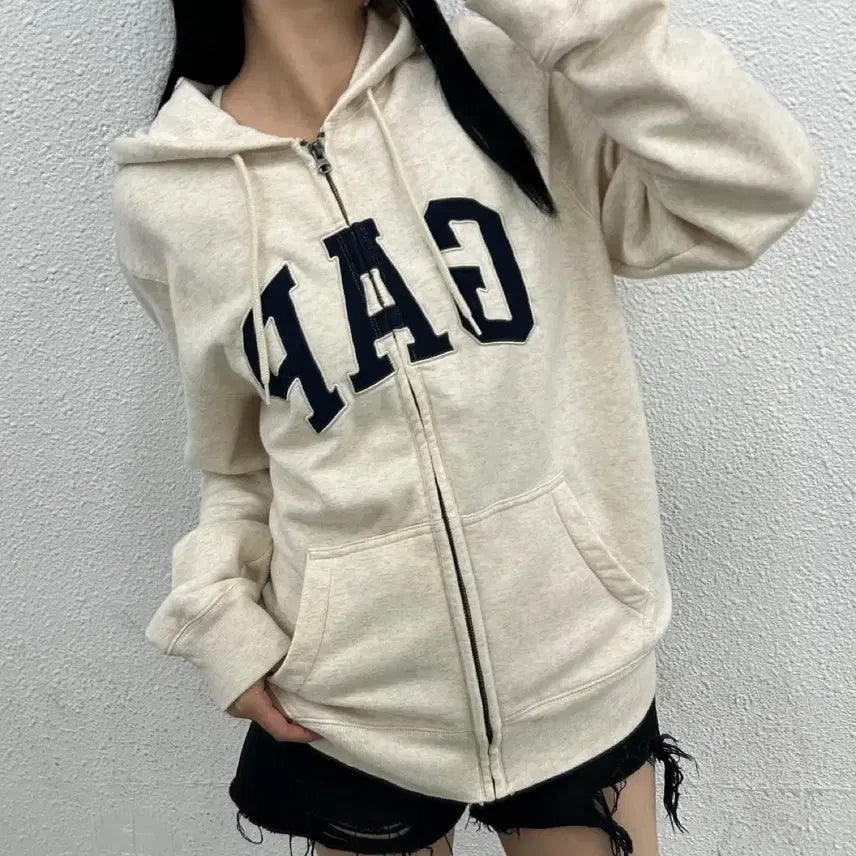 [BUNJANG] Gap Center Logo Hoodie Zip-up Ivory S / 갭 센터로고 아이보리 후드집업 S