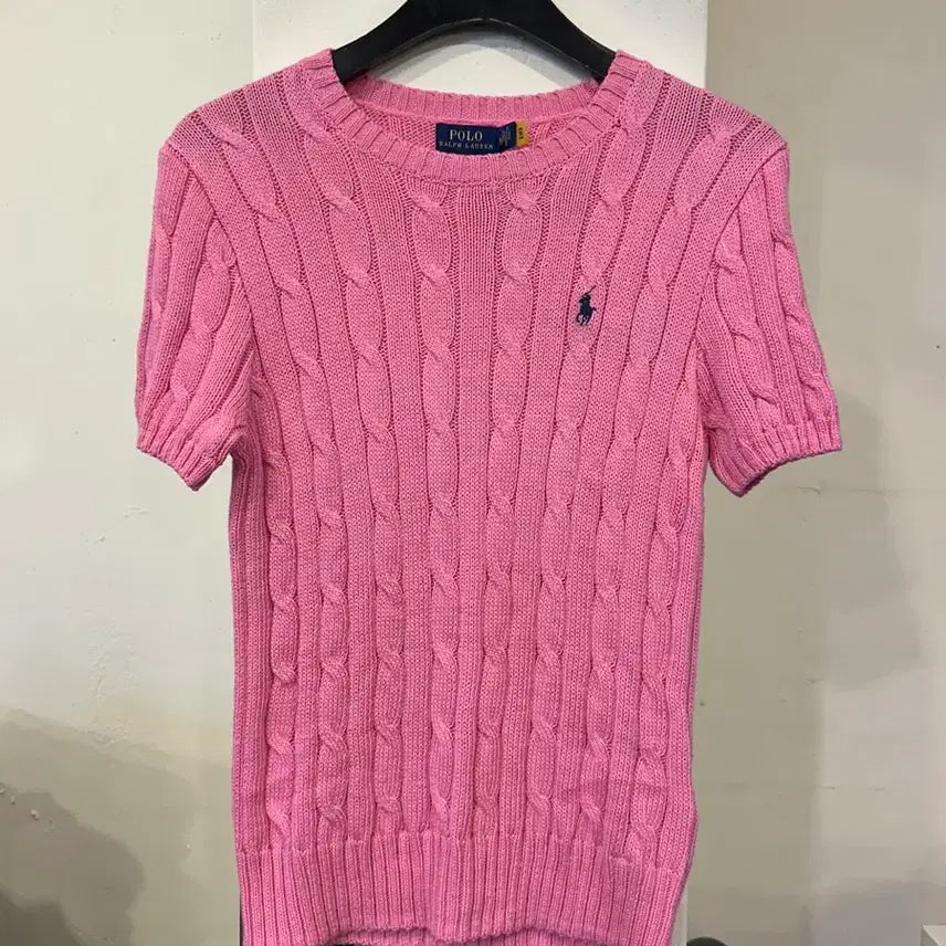 [BUNJANG] Polo Ralph Lauren Cable Knit Short Sleeve Sweater Pink M / 폴로 랄프로렌 케이블 니트 반팔 스웨터 핑크 M