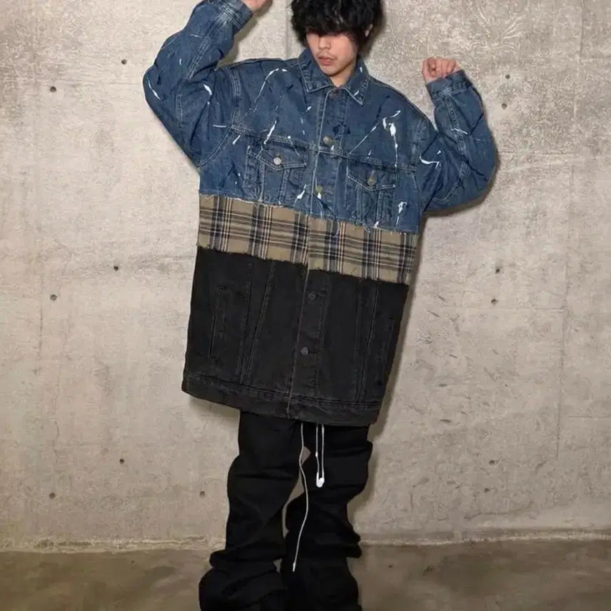 [BUNJANG] NBNC Painting Detail 3-Cotton Combination Long Oversized Denim Jacket / NBNC 페인팅 디테일 3코튼 조합 롱 오버핏 데님자켓