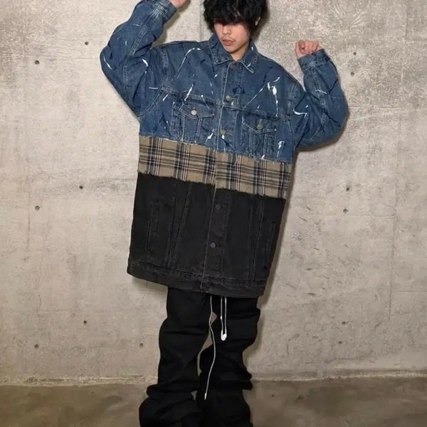 [BUNJANG] NBNC Painting Detail 3-Cotton Combination Long Oversized Denim Jacket / NBNC 페인팅 디테일 3코튼 조합 롱 오버핏 데님자켓
