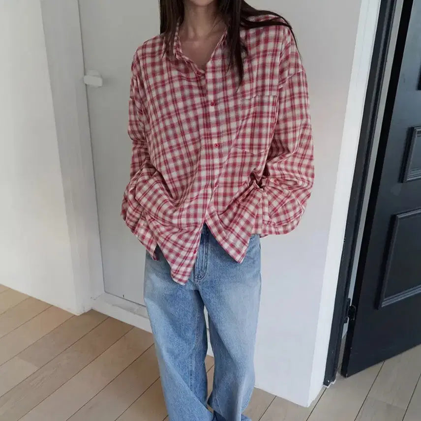 [BUNJANG] Langur Ombre Check Shirt Red / 환승연애 랑거 옴브레 체크 셔츠 레드
