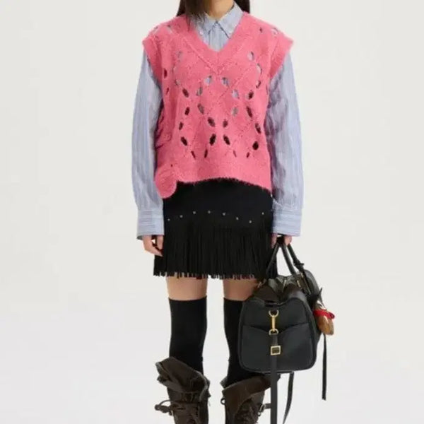 [BUNJANG] Lucky Chouette Pink Knit Vest / 럭키슈에뜨 니트베스트