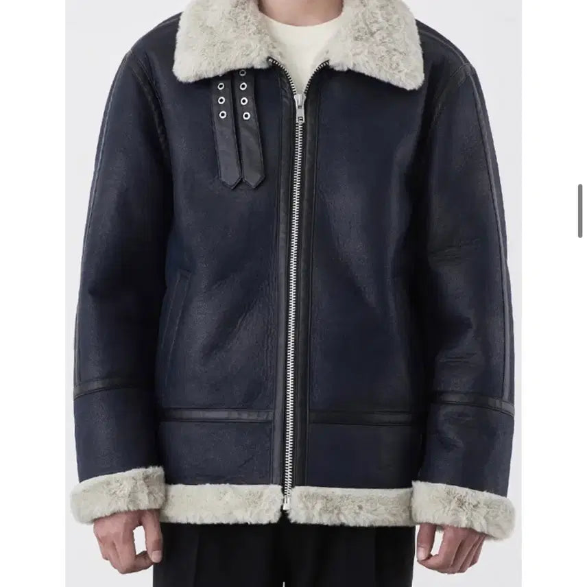[BUNJANG] Minav Leather Strap Mustang Jacket Navy XL / 미나브 레더 스트랩 무스탕 네이비 XL