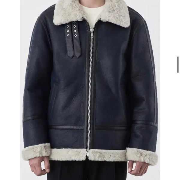 [BUNJANG] Minav Leather Strap Mustang Jacket Navy XL / 미나브 레더 스트랩 무스탕 네이비 XL